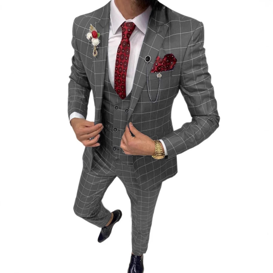 Men's Simple Versatile Lattice Suit Three-piece Suit
