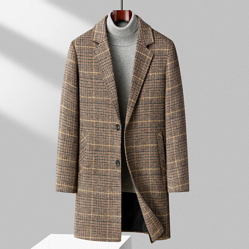 Autumn And Winter Woolen Coat Men's Mid-length Business Casual Plaid Cotton And Thickening Woolen Coat