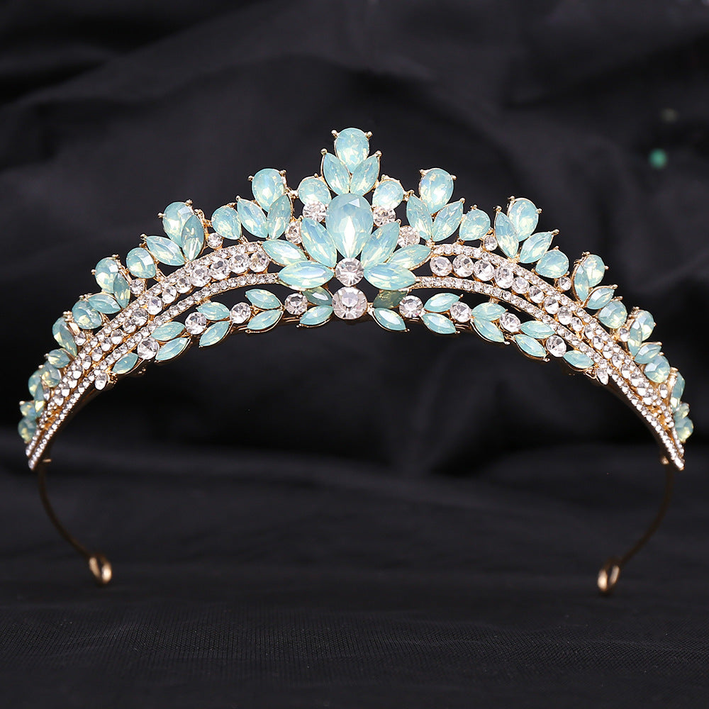 Wedding Birthday Headdress Crown Alloy Inlaid Protein Green Bright Crystal Bride