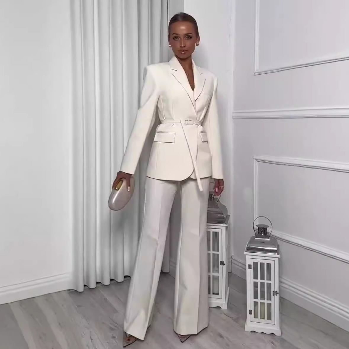 Solid Color Slim Fit Elegant Business Suit All-matching Trousers Two-piece Set