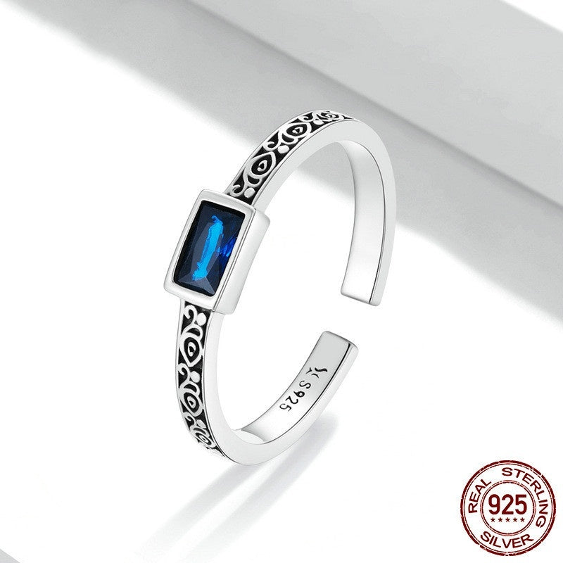 Fashion Sterling Silver Retro Pattern Square Zirconium Open Ring