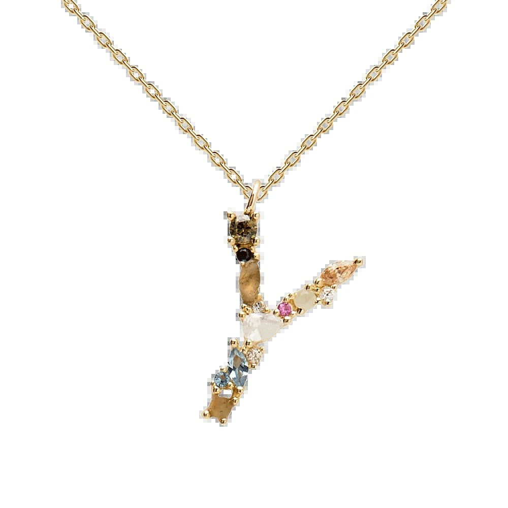English Letter Necklace Female Colorful Crystals Gem S925 Pure