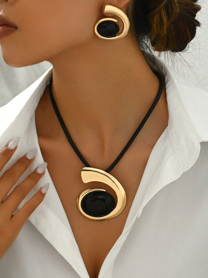 14K Gold Plated Black Onyx Swirl Choker Necklace And Earrings Set