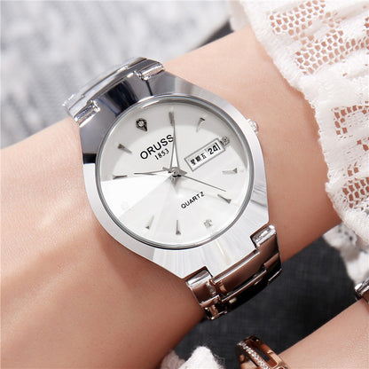 Tungsten Steel Color Waterproof Fashion Student Couple Calendar Quartz Watch