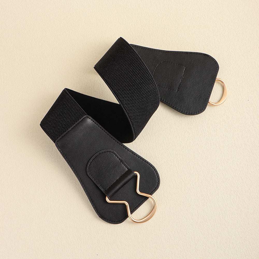 New Retro Women's Elastic Elastic Wide Waist Seal Geometric Interlocking Buckle 100 Match Skirt Coat Simple Black Belt