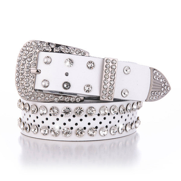 Women's Alloy Diamond Inlaid White Leather Belt