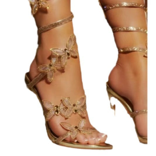 Sexy Fashion Rhinestone Shiny Butterfly Stiletto Heel Stiletto Strap Winding Sandals