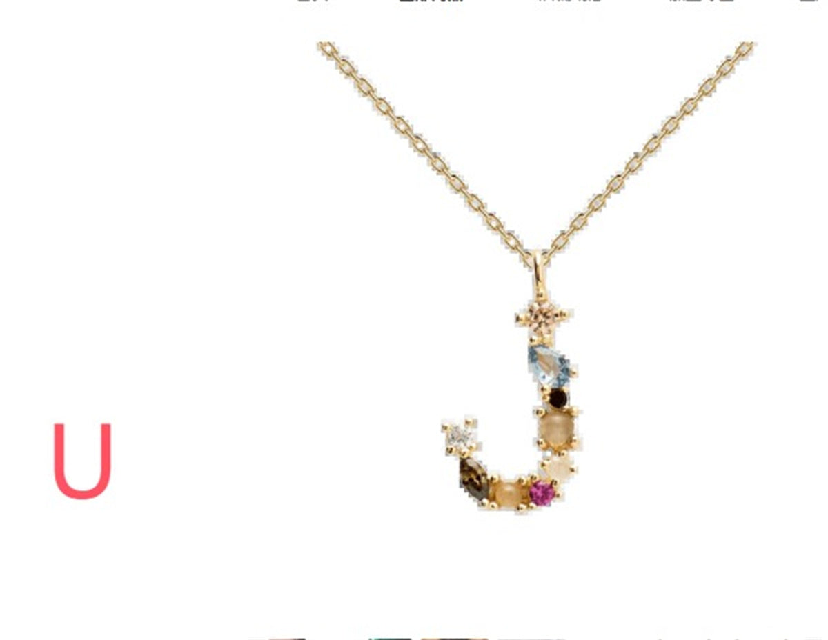 English Letter Necklace Female Colorful Crystals Gem S925 Pure