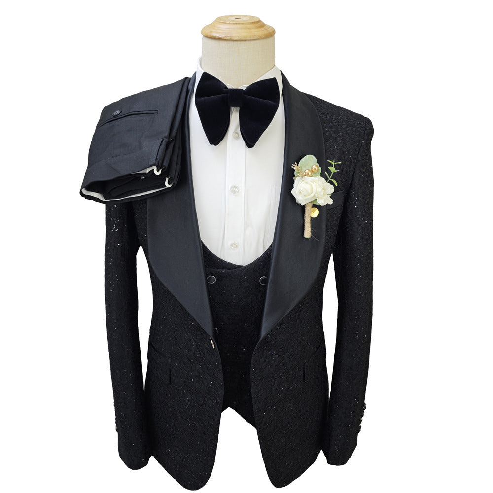 Shiny Black Men's Suit Set 3 Pieces Groomsmen Wedding Lace Costumes