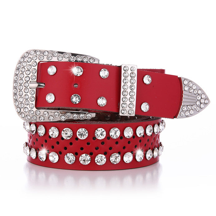 Women's Alloy Diamond Inlaid White Leather Belt