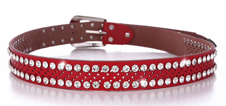 Women's Alloy Diamond Inlaid White Leather Belt