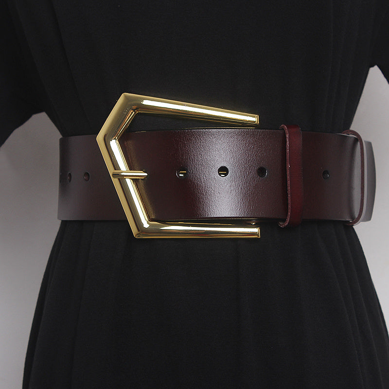 Concave Shape Large Pin Buckle Cowhide Wide Belt