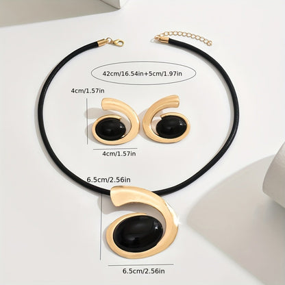 14K Gold Plated Black Onyx Swirl Choker Necklace And Earrings Set