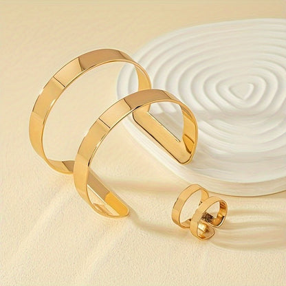 14K Gold Plated Cuff Bangle And  Ring Set - Minimalist Style