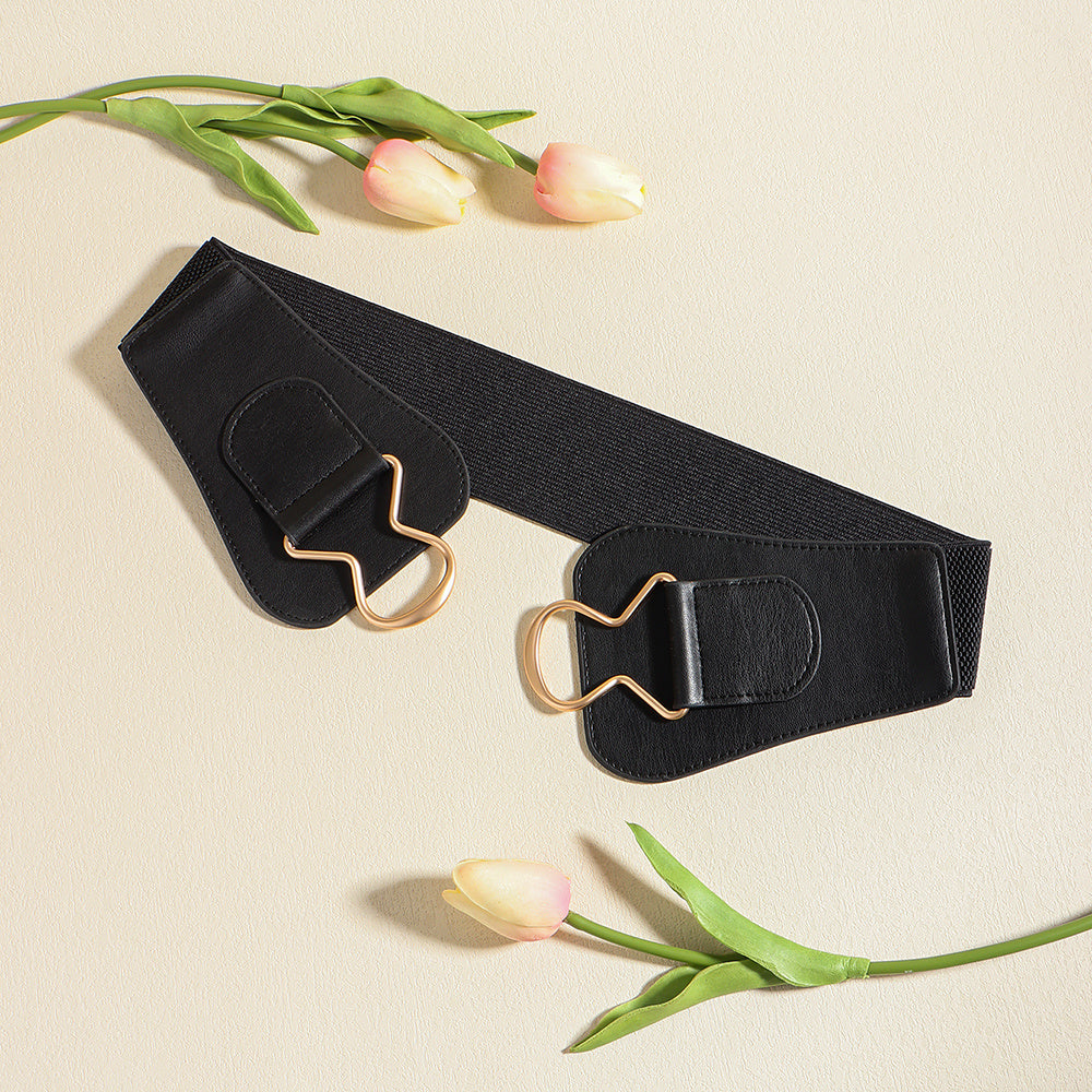 New Retro Women's Elastic Elastic Wide Waist Seal Geometric Interlocking Buckle 100 Match Skirt Coat Simple Black Belt