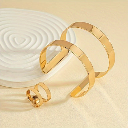 14K Gold Plated Cuff Bangle And  Ring Set - Minimalist Style