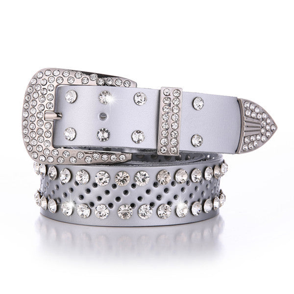 Women's Alloy Diamond Inlaid White Leather Belt