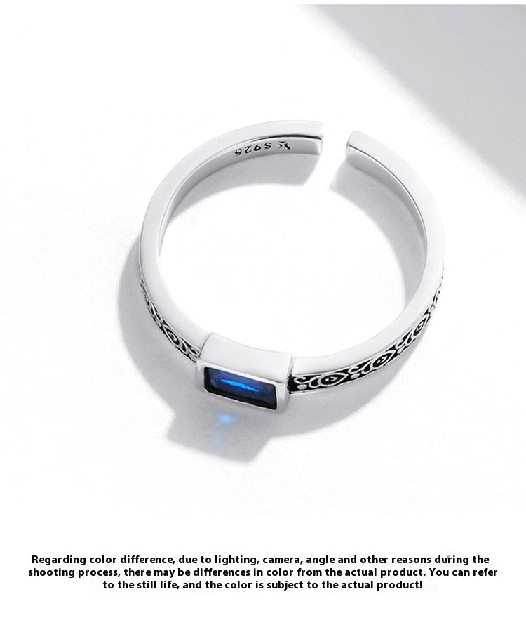 Fashion Sterling Silver Retro Pattern Square Zirconium Open Ring