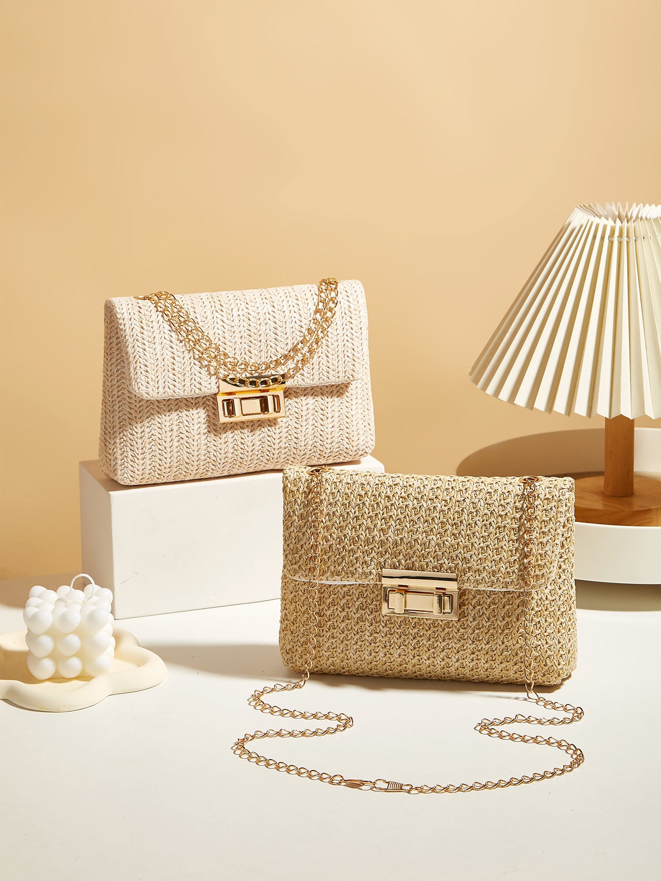 Women's Straw Lock Closed Simple Square Bag